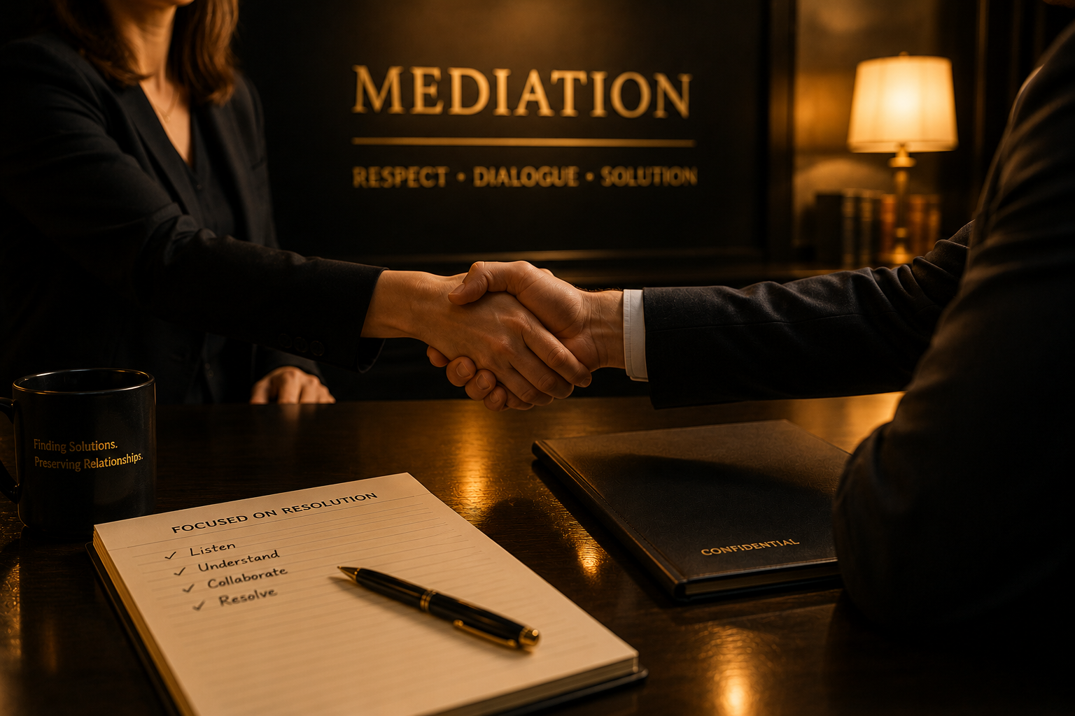 Two people shaking hands across a table during a mediation session